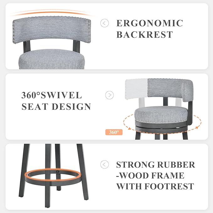 COLAMY Swivel Counter Height Bar Stools Set of 4, 25 Inch Modern Upholstered Kitchen Island Barstools with Back, Wood Swivel Bar Chairs for Counter Bar Dining Room, Grey