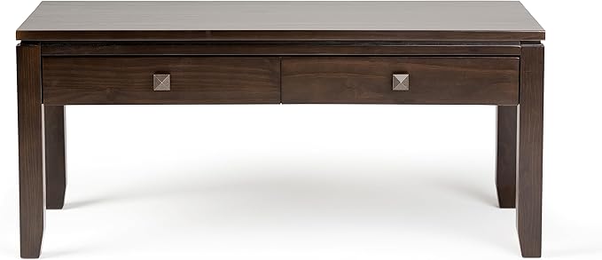 SIMPLIHOME Cosmopolitan Coffee Table - 42 inch Wide Solid Wood Contemporary Rectangle Cocktail Table in Mahogany Brown, Stylish Living Room Table with 2 Drawers and Square Brushed Nickel Knobs