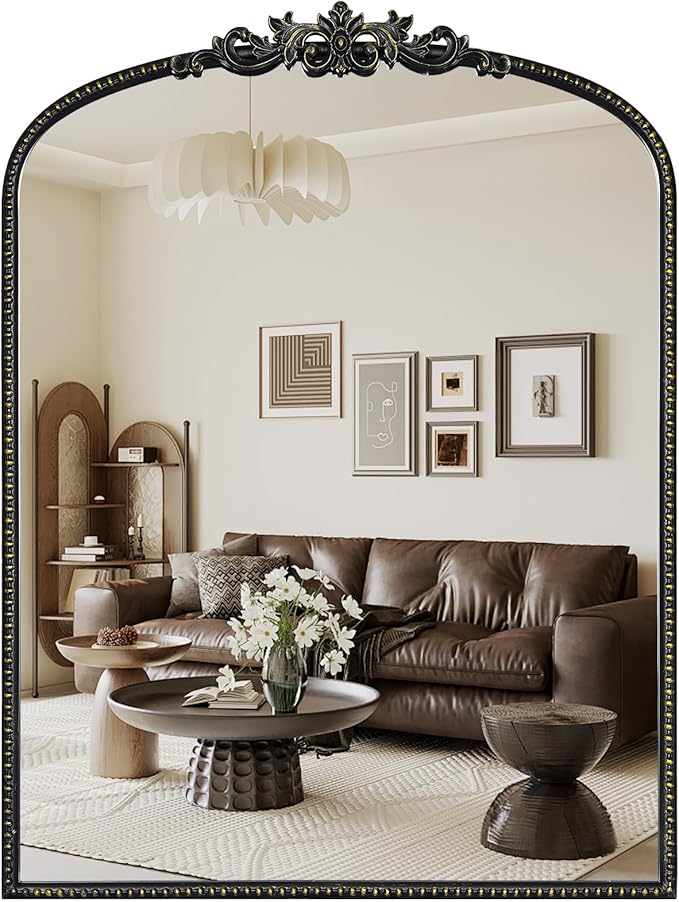 WallBeyond Gold Vintage Arched Wall Mirror, 24x32 Inch, Black Iron Frame, Bathroom, Living Room, Entryway