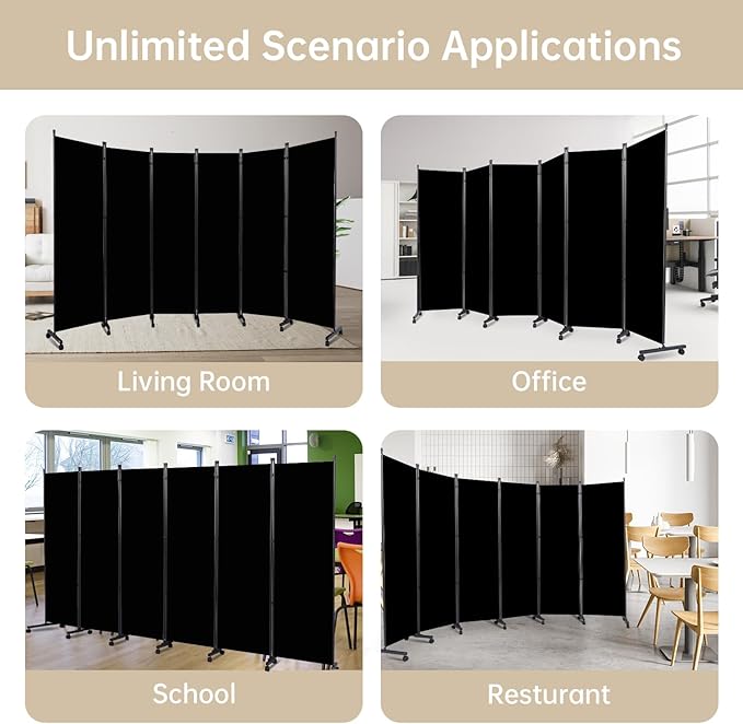 Room Divider 6 Panel Room Dividers/Wheels, Fabric Room Divider Panel for Office Room Partitions and Dividers, Portable Partition Wall Divider for Room Separation, Privacy Screen