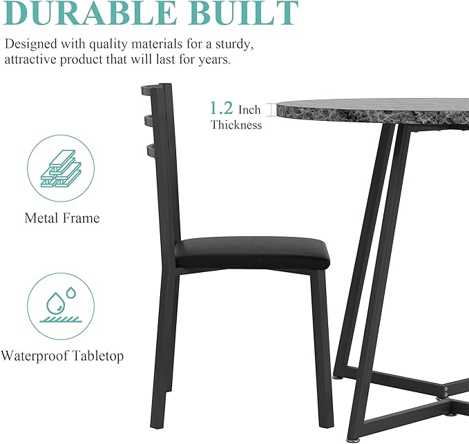 VECELO Small Round Dining Table Set for 2, Wood Tabletop with Strong Metal Frame, Modern Dinette with Chairs for Kitchen, Breakfast Nook Living Room, Faux Marbled & Grey