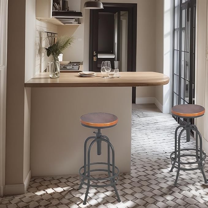 Set of 2-Industrial Bar Stool-Retro 26-32.3inch Swivel Stools-Extra Tall Kitchen Chair-Bar Counter Height Adjustable-Fully Welded (Black 2PCS)