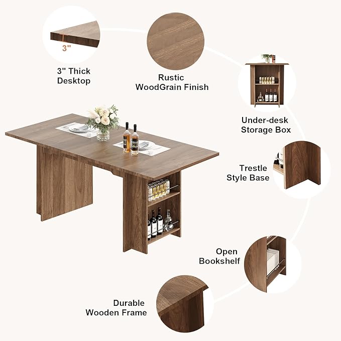 Garvee 63 Inch Dining Table for 2-4, Farmhouse Rectangular Kitchen Table with Waterproof Wood Tabletop, Heavy Duty Legs & 2-Tier Storage Shelves for Kitchen, Dining Room, Walnut