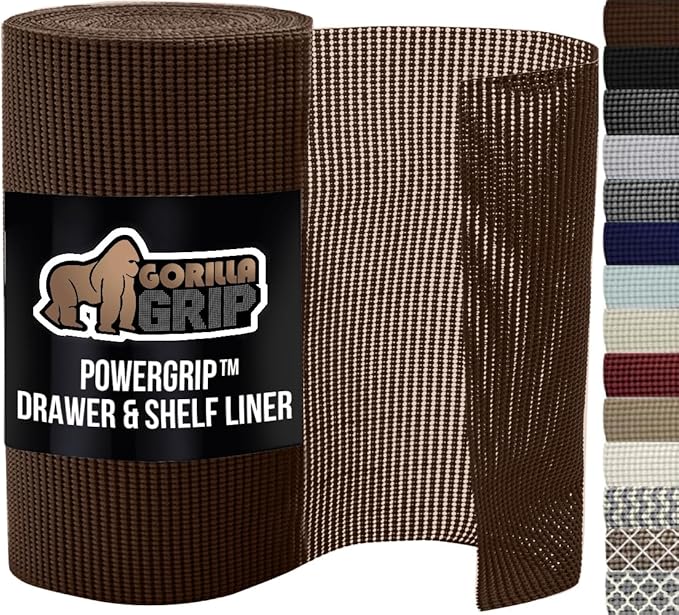 GORILLA GRIP powerGRIP Drawer Shelf and Cabinet Liner, Thick Strong Hold, Non-Adhesive Liners Protect Kitchen Cabinets and Cupboard, Bathroom Drawers, Easy Install, Breathable Mat, 12" x30', Chocolate