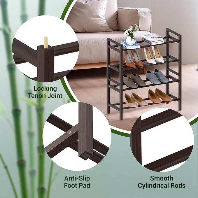 Haddockway Bamboo Shoe Rack for Closet, Free Standing Shoe Organizer with Smooth Round Rods & Convenient Handles, Stackable Shoe Storage Shelf for Entryway, Hallway(Brown, 4-Tier(Small))