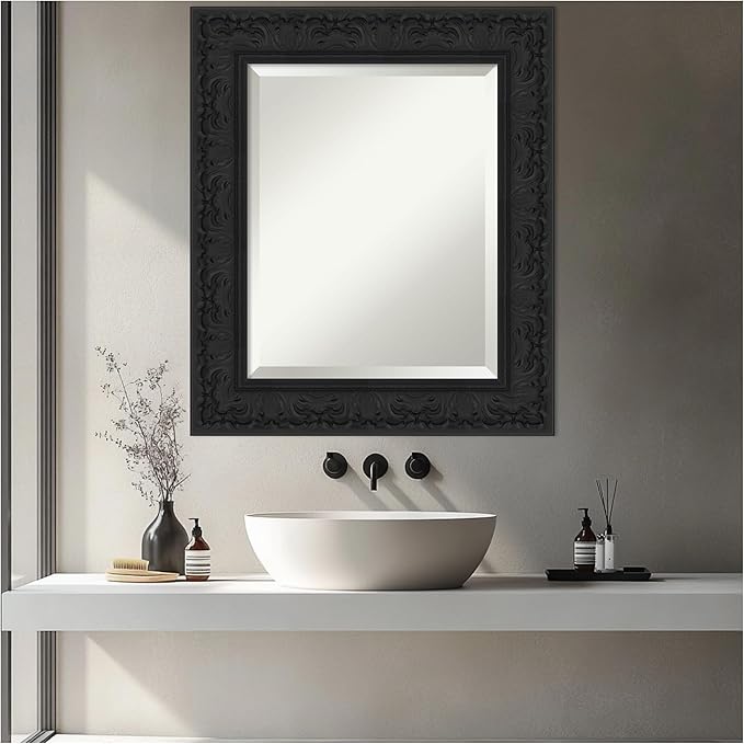 Amanti Art Black Bathroom Mirror for Over Sink, 27x23 Luxe Black Rectangle Vanity Mirror, Small Traditional Frame, Hangs Horizonally and Vertically, Bathroom Wall Decor, Beveled Edge