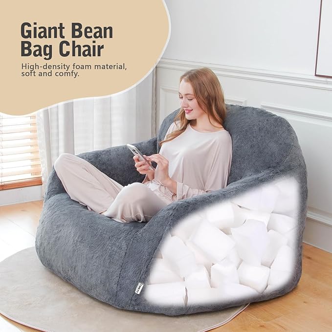 FAREYY Giant Bean Bag Chair with Armrests, Oversized Bean Bag Couch for Adults and Kids, Faux Fur Comfy Large Chair with Filler, Stuffed Lounge Floor Boneless Chair for Living Room, Light Gray