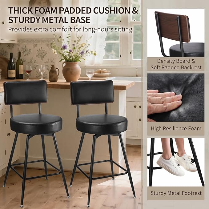 Bar Stools, 25 Inch Swivel Counter Height Bar Stools Set of 2, Black Faux Leather Swivel Bar Stool with Wood Back & Metal Legs for Kitchen Island Pub, Black