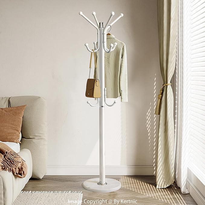 Kertnic Modern Coat Rack Freestanding with Natural Marble Base & Sturdy Metal Frame, 11 Hooks Hall Tree for Jackets, Hats, Bags, Entryway Organizer for Bedroom, Living Room, Closet (White)
