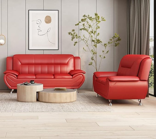 Container Furniture Direct Michael Modern Faux Leather Upholstered Stainless Steel Legs Living Room Sofa, Chair, Persian Red