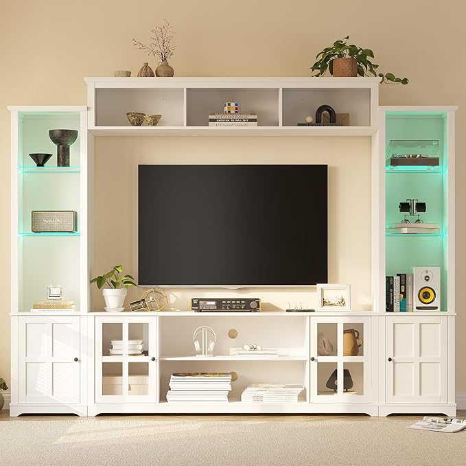 Wall Unit TV Stand with Storage & LED Lights, Large Entertainment Center with Bookshelves for TVs up to 75", Media Console for Living Room, White
