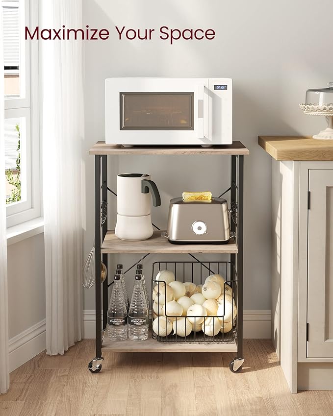 VASAGLE Kitchen Shelf on Wheels, Serving Cart with 3 Shelves, Kitchen Cart, Microwave Shelf, for Mini Oven, Toaster, with 6 Hooks, Industrial Style, Greige and Black UKKS060B02