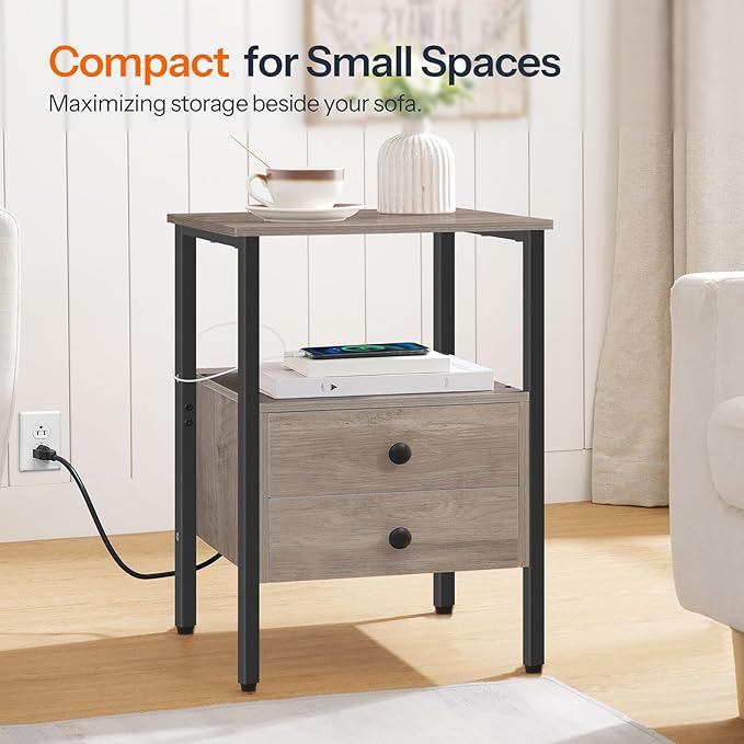 HOOBRO End Table with Charging Station, Nightstand with 2 Drawer & USB Ports & Power Outlets, Bedside Table for Small Spaces, Stable and Sturdy, for Living Room, Bedroom, Greige and Black BG43UBZ01