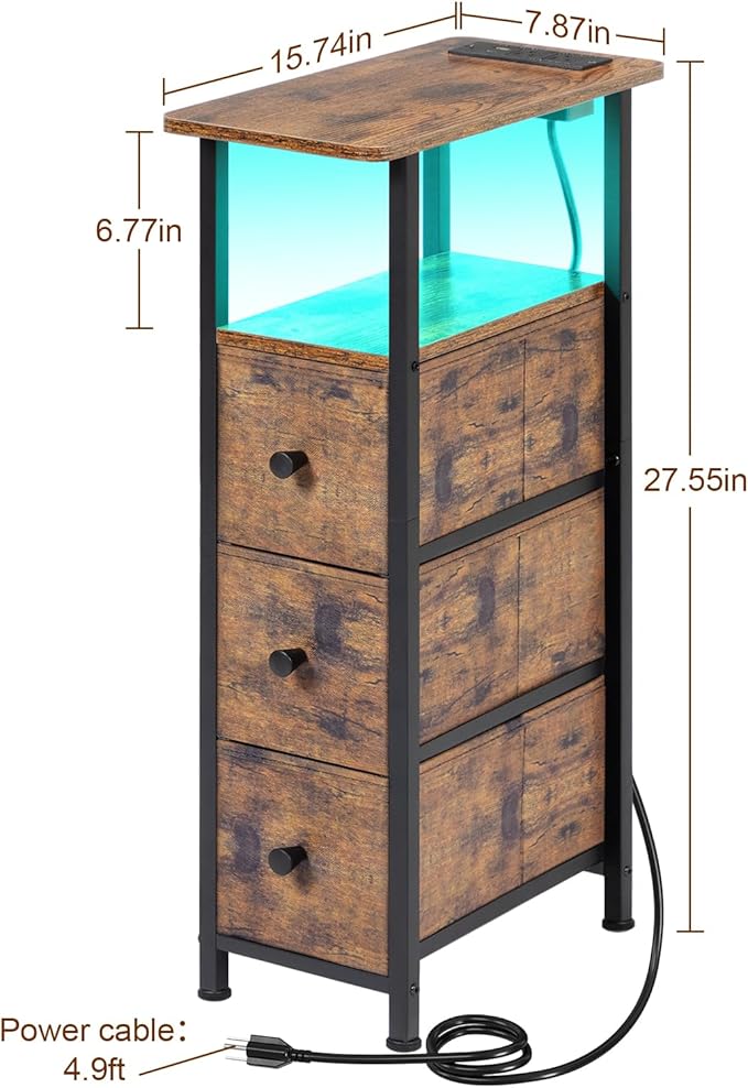 Narrow End Tables Living Room Set of 2 with Charging Station, Skinny Side Table with Fabric Drawers, Slim LED Nightstand for Bedroom, Small Spaces, Couch, Rustic Brown, HETNDP03LPBR