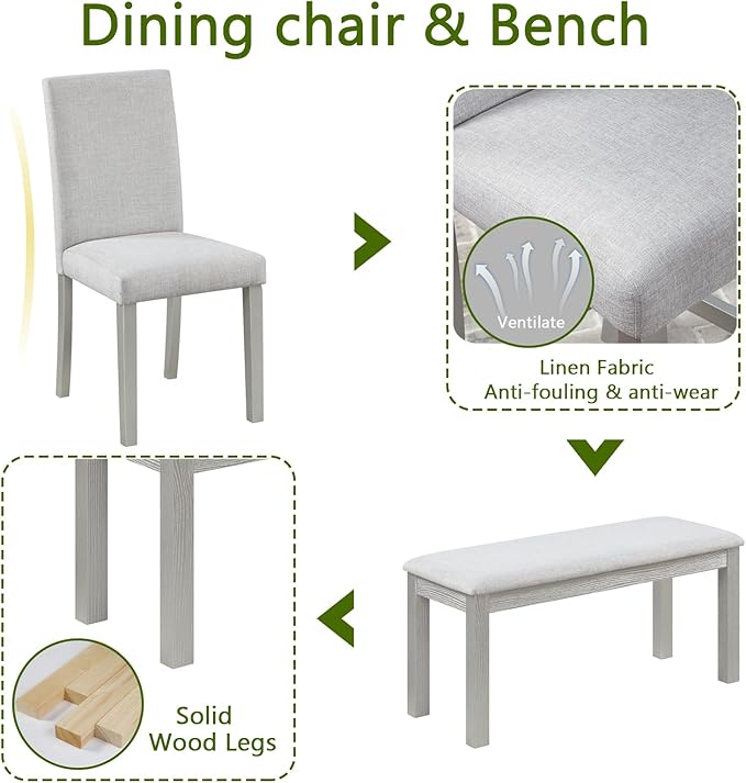 KEIKI 6-Piece Standard Height Dining Table Set with Rectangular Table, 4 Upholstered Chair, Bench, for 6 Person, Crystal Decoration Table Set, Easy Assembly, for Kitchen, Dining Room, Silver Grey