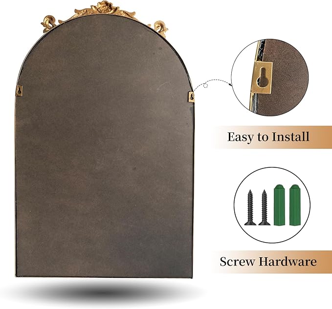 ironsmithn Gold Arched Mirror, 20"x32" Ornate Beaded Frame Mirror, Metal Decorative Accent Mirrors for Fireplace Bedroom Bathroom Living Room Entryway