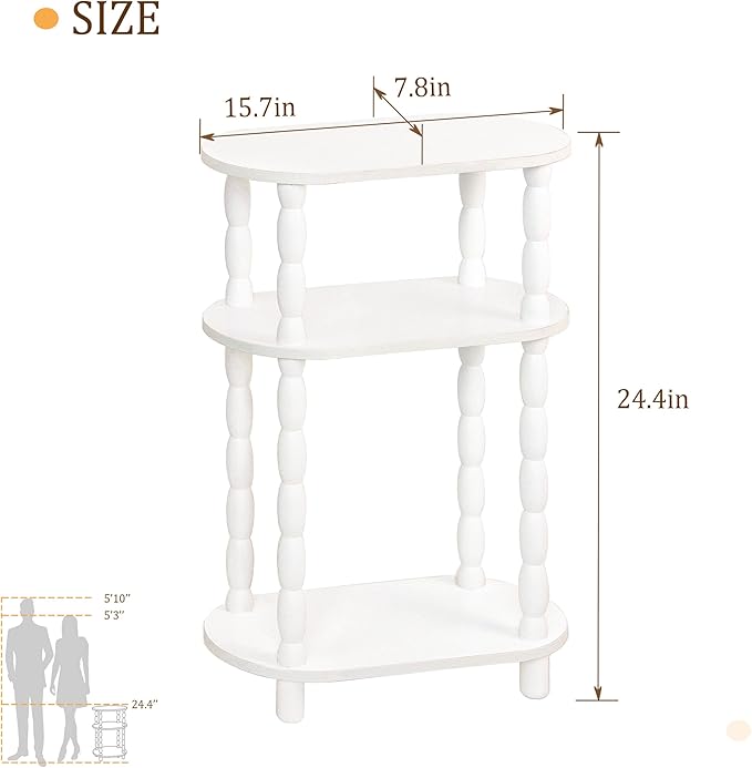 MaxSmeo Narrow Side Table, Small End Table with 3-Tier Open Shelf, Slim Bedside Table Nightstand for Small Spaces, Bedroom, Living Room (White)