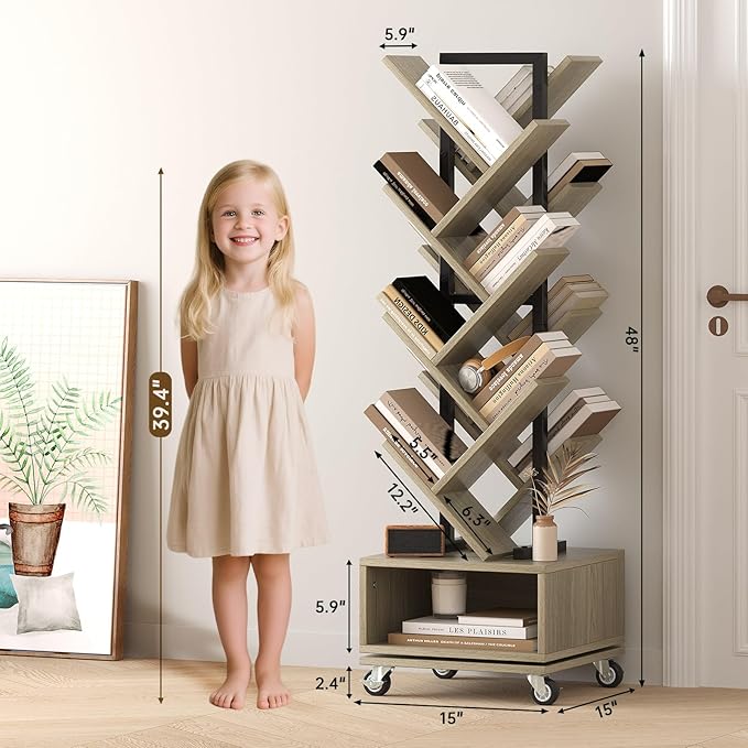 Double Sided Rotating Tree Bookshelf - 7-Tier Retro Floor Standing Bookcase, Wood Storage for Books, CDs, Movies, Perfect for Small Spaces in Bedroom, Living Room, Home Office, Grey