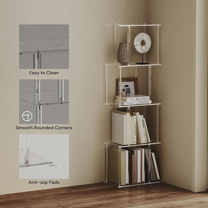 Acrylic Geometric Bookshelf for Small Spaces, 5-Tier Clear S Shaped Bookcase, Modern Open Book Shelf for Living Room, Bedroom, Office, 9.3" D x 15.6" W x 48.8" H, Easy Assembly