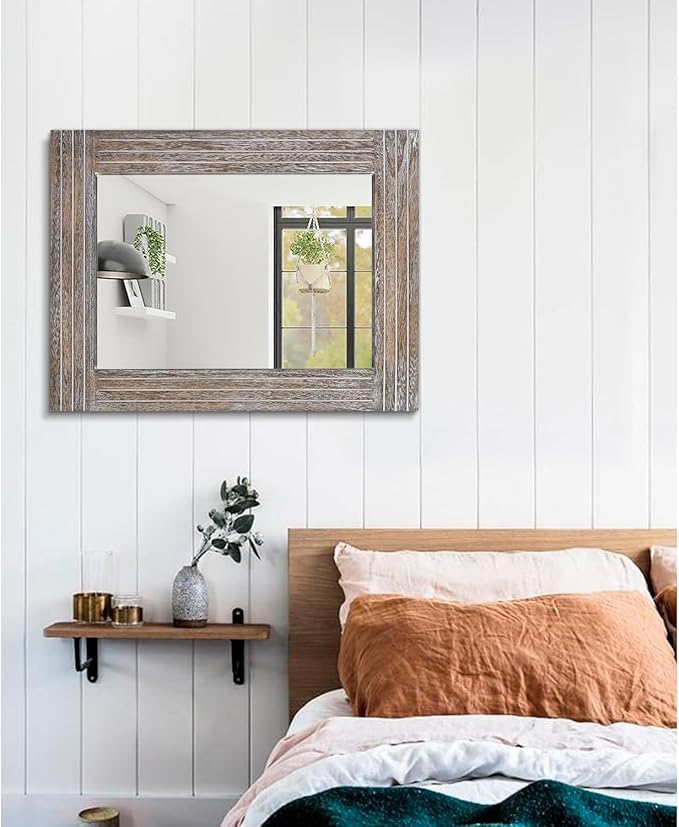 Wall Mirror Rustic Wooden Frame Rectangle Mirror Vintage Hanging Mirror for Bedroom Bathroom Living Room Farmhouse Wall Decor Large 26" x 18"