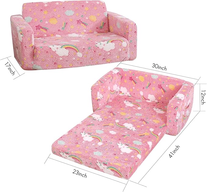 Foldable Kids Sofa Extra Wide for 2 Seats, Soft Kids Fold Out Couch Glow in The Dark,Convertible Sofa to Lounger Toddler Sofa Chair(Rainbow)