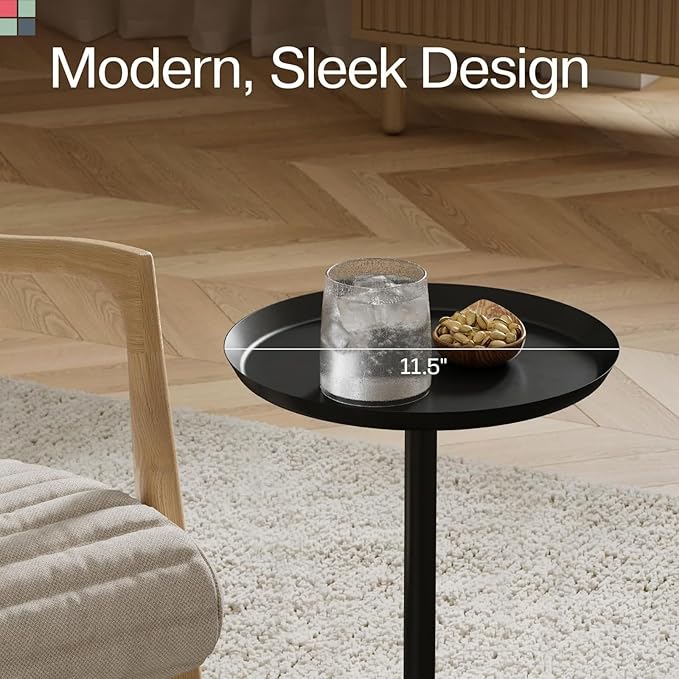 Round Metal Drink Table, Pedestal Drink Desk, Modern Home, Bedroom, and Living Room Furniture, Small Metal Side Table with Dome Base and Beveled Top, Beverage Desk (Black)