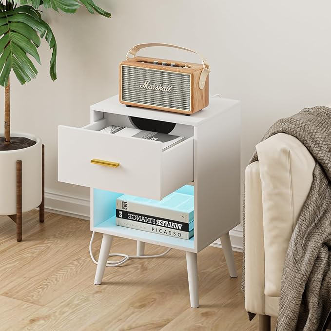 Nightstand with Charging Station and LED Lights, Small Side Table, Bedside Table with Drawer, Modern Night Stand, End Table for Bedroom, Living Room (White)