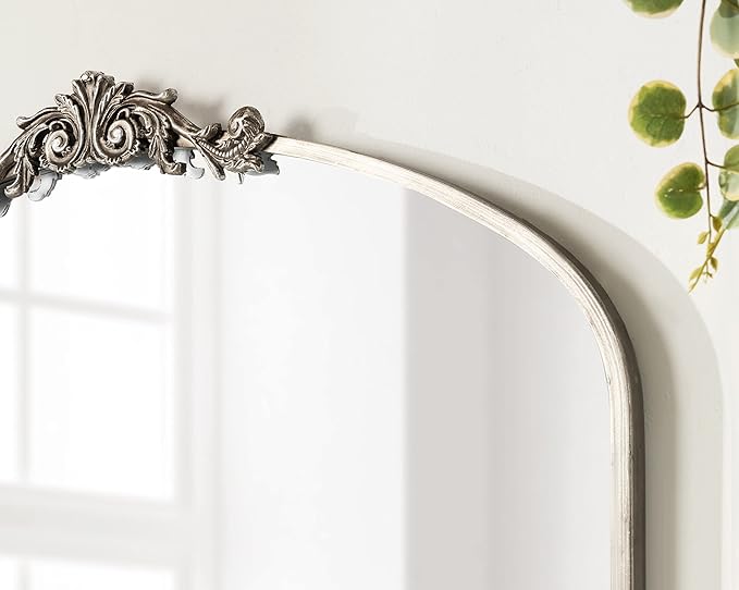 Kate and Laurel Arendahl Ornate Traditional Arched Mirror; 36 x 29; Silver; Decorative Baroque Style Arched Wall Mirror with Wide Frame and Ornamental Crown