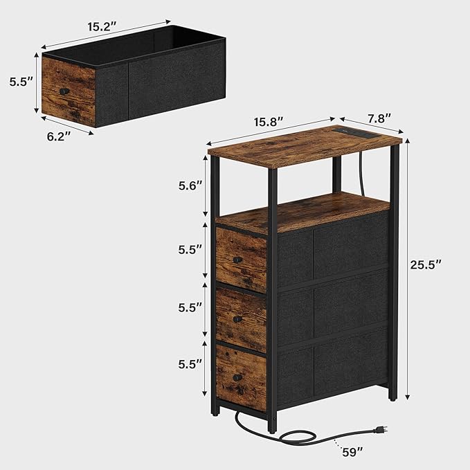 TUTOTAK Narrow LED Night Stand with Charging Station, Slim End Table with Plugins, Tall Side Table with 3 Fabric Drawer, Small Bedside Table with Storage, for Living Room, Brown TB01BB086L