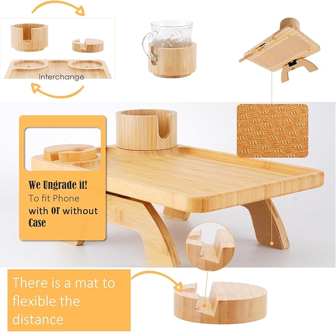 Nnewvante Couch Table on Arm,3 in 1 Large 15.36"x9.85" Bamboo Couch Cup Holder Sofa Arm Clip on TV Tray Table with 360°Rotated Phone/Cup Holder