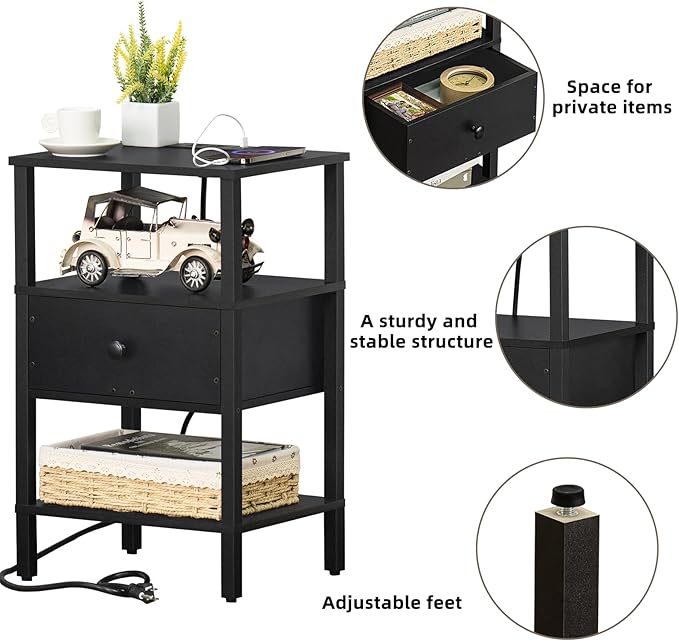 Lerliuo Nightstand with Charging Station and USB Ports, 3-Tier Storage End Table with Drawer Shelf, Night Stand for Small Spaces, Wood Bed Side Table for Living Room, Bedroom - Classic Black