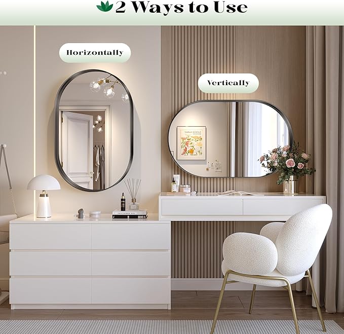 2 Pack Black Oval Mirror, 24" x 36" Oval Mirrors for Bathroom, Modern Vanity Pair Mirror for Over Sink Bedroom Fireplace Entryway Hang Vertical and Horizontal