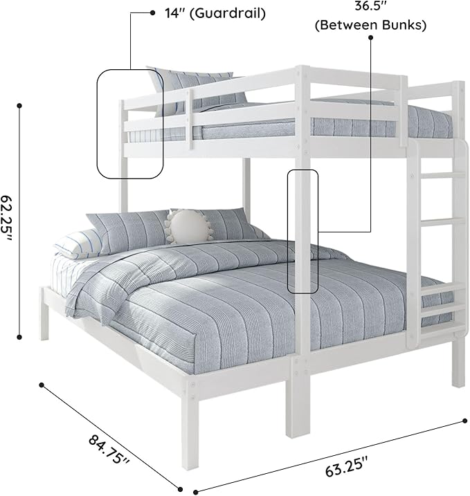 Grain & Grove Bear Twin XL Over Queen Bunk Bed, Sturdy Bunk Bed Frame for Kids, Plywood Bunk with Ladder, Guardrail, and Slats, No Box Spring Required, Brushed White