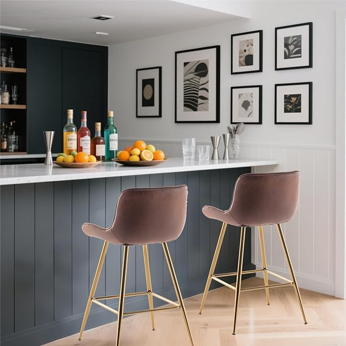 Sidanli Brown Velvet Bar Stools-Set of 2, 24 Inch Bar Stools for Kitchen Counter