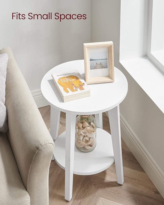 VASAGLE Side Table, Small Round End Table with Lower Shelf, Nightstand for Small Spaces, Living Room, Bedroom, White ULET283T14