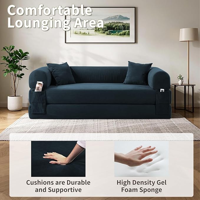 80" Convertible Sofa Bed, Corduroy Deep Seat Folding Pull Out Couch with Pillows, No Assembly Modern Boneless Couch Compression Sofa in Box, Floor Sofa with Storage Pocket for Living Room,Dark Blue