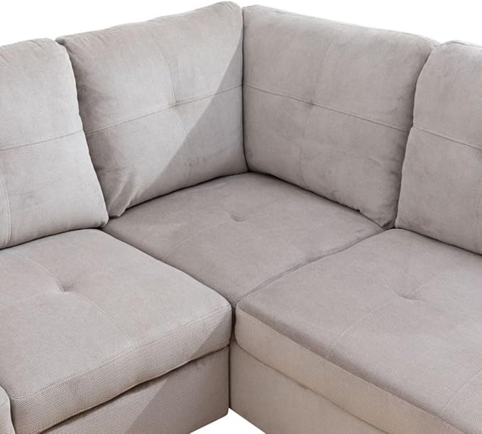 Grey White L-Shaped 3-Piece Corduroy Sofa with Storage Ottoman Set, Sectional Couch Sofa Set for Living Room, Office, Small Space