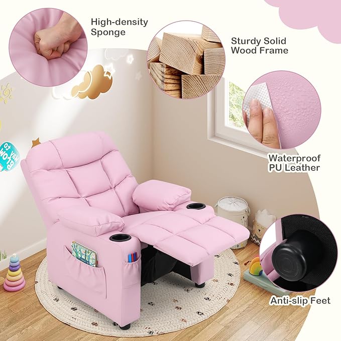 Costzon Kids Recliner Chair with Cup Holder, Adjustable Lounge Chair w/Footrest & Side Pockets for Children Boys Girls Room, Ergonomic Toddler Furniture Sofa, Kids Pink Recliner (Pink)