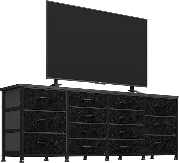 63 Inch TV Stand Dresser for Bedroom, Long Black Dresser with 14 Fabric Drawers for 65 70 75 Inch TV, Entertainment Center with Storage Media TV Console Table