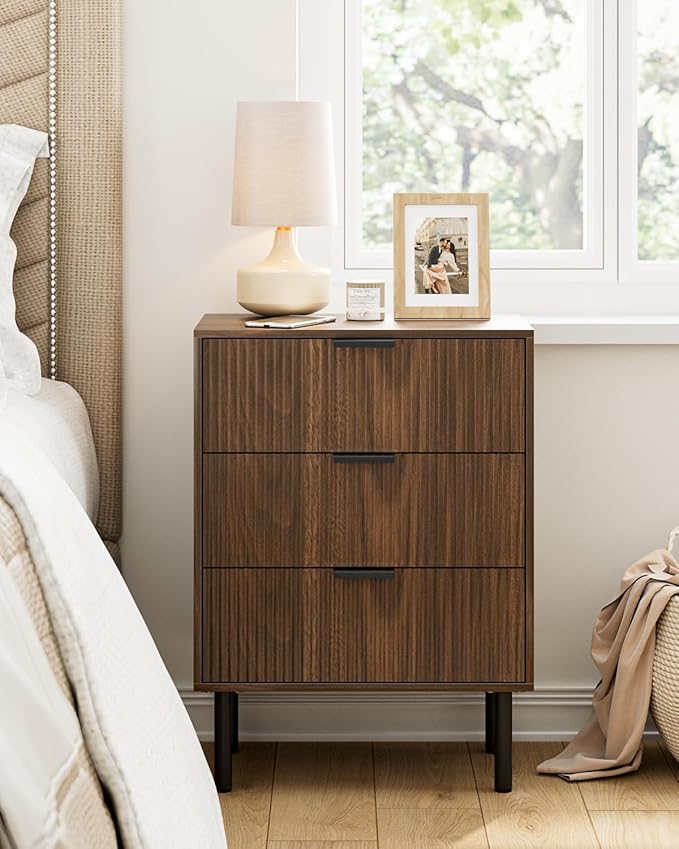 Night Stand,Tall Bedside Table with 3Storage Drawers,Walnut Nightstand,Bedside Furniture,Side Table with Gold Frame,End Table for Bedroom,Living Room