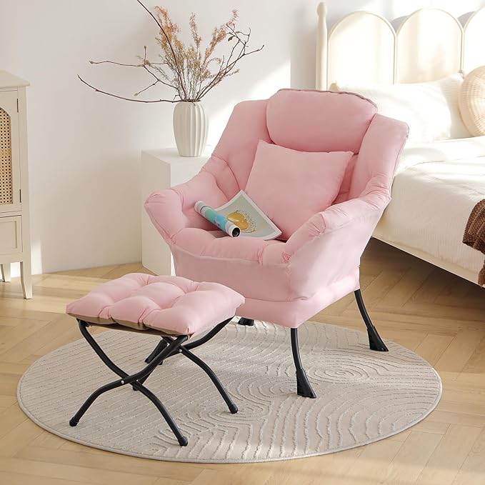 Large Lazy Chair with Ottoman, Accent Reading Chair with a Throw Pillow, Cozy Lounge Armchair, Leisure Sofa Chair for Living Room, Bedroom, Dorm, Peach Pink