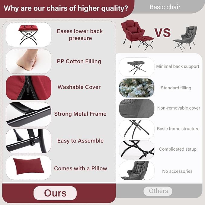 Lazy Chair with Ottoman, Comfy Fabric Accent Lounge Armchair with Lumbar Pillow and Folding Footrest, Reading Leisure Sofa Chair for Bedroom, Living Room, Dorm,Burgundy