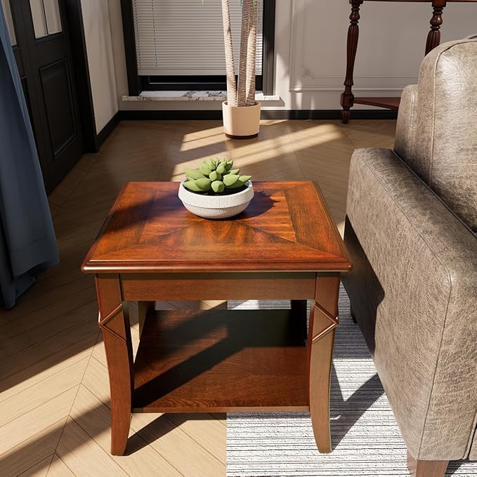 Mid-Century Modern Living Room Coffee Table Set, 2-Piece Solid Wood Living Room Table Set, 1 Solid Wood Coffee Table with Storage Shelf and 1 End Table, Cherry Walnut KFZ-DR200-2