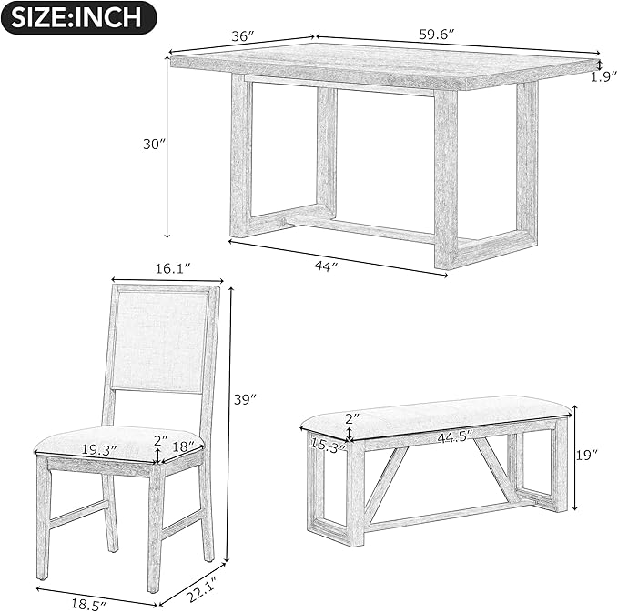 Ball & Cast 6-Piece Dining Table Set for 6 People, 60" Wood Dining Kitchen Table & Chairs Set, Dining Room Table with Upholstered Chairs and 1 Bench, Perfect for Dining Room, Kitchen, Gray