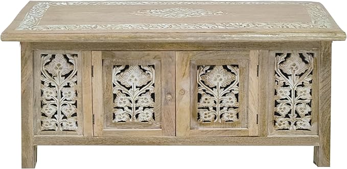 Lightnpro Handmade Wooden Coffee Table - Rectangular Foldable Table with Storage,Intricate Carving, Modern & Contemporary Home Décor, Compact Living Room Furniture – 36 Inch White Wash Finish