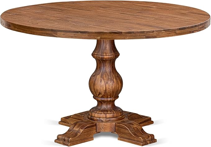 I5DA5-50N-32 5-Piece Modern Dining Table Set with Polyester Fabric 4 Light Beige kitchen chairs, Button-Tufted Backs, and a 54"Round Table in Antique Walnut Finish.