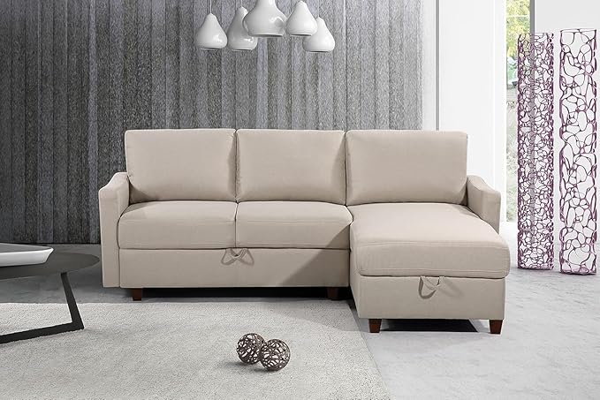 Container Furniture Direct Sectional Sofa with Storage – Modern Upholstered Living Room Couch, Reversible Chaise for Home, Apartment, Office, 81.9” L, Beige