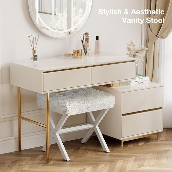 18-Inch Large Vanity Stool Chair, Vanity Bench with Metal X-Legs, Ottoman Foot Stool with Breathable and Soft Boucle Fabric Saddle Seat, White
