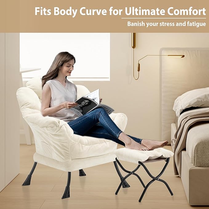 Lazy Chair with Folding Ottoman, Accent Chair Plush Upholstered with Metal Structure and Non-Slip Pads, Sofa Armchair with Footrest and Side Storage Bag for Dorm, Room, Office, Beige