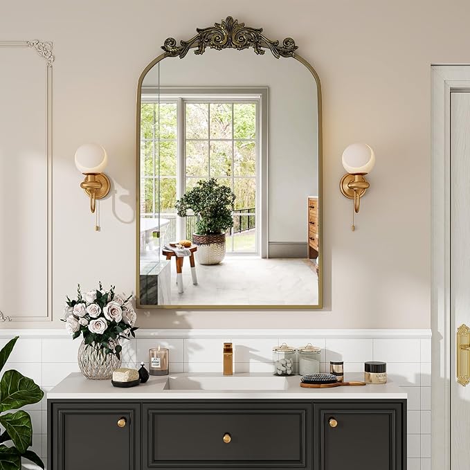 Vintage Arched Bathroom Mirror, 26x38 Inch Retro Wall Mounted Vanity Mirror with Carved Pattern Top and Metal Frame, Antique Decorative Mirror for Hanging or Leaning
